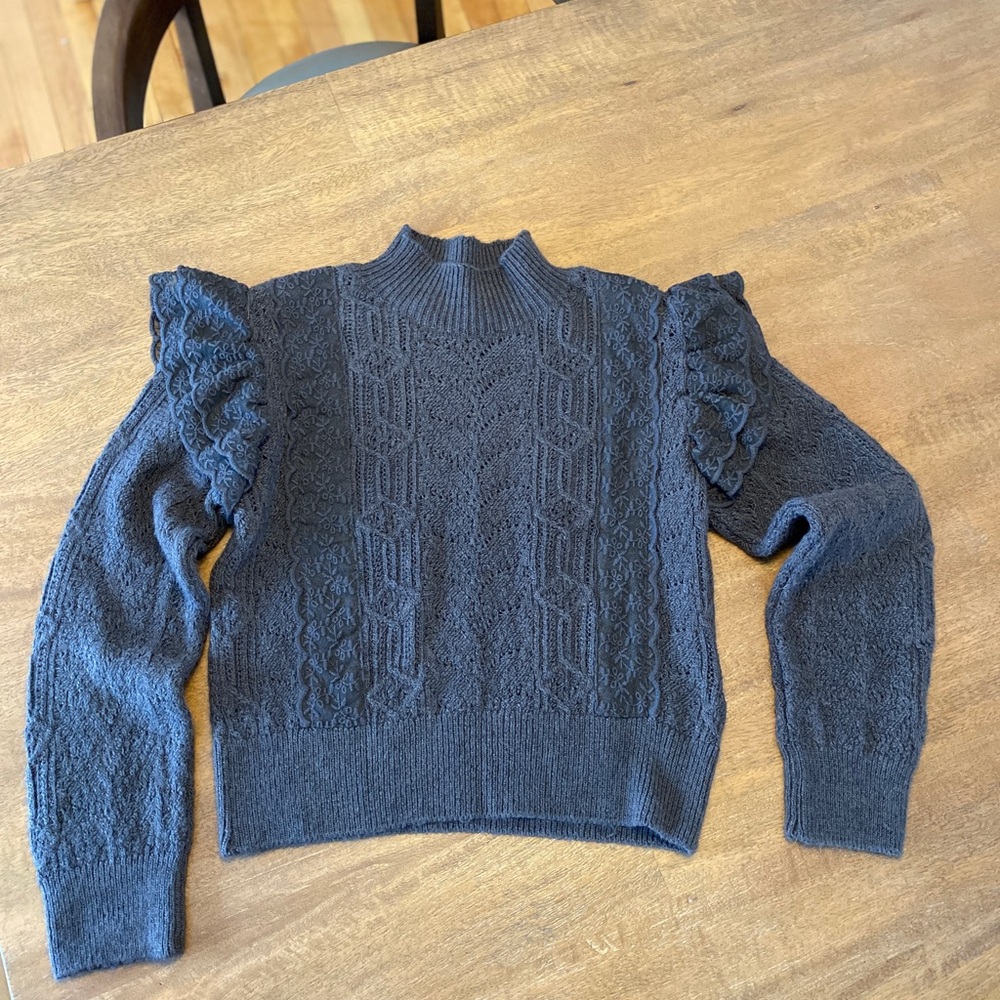 Zara Wool Blend Charcoal Ruffled Sleeve Turtleneck Sweater